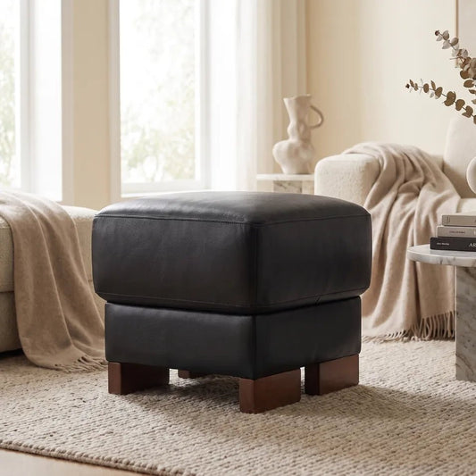 Dalmore Genuine Leather Black Footstool - Furniture Instore