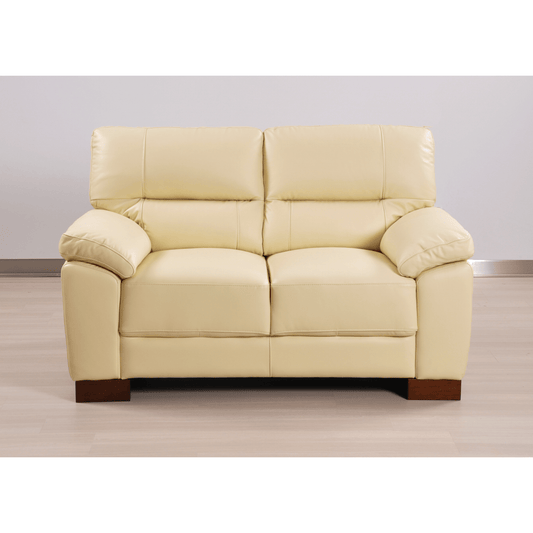 Cream 2-seater sofa front facing in room setting with modern sleek design