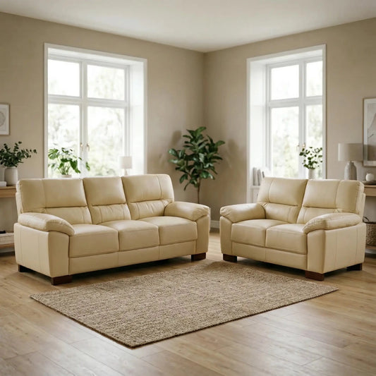 Dalmore Genuine Leather Cream 3 + 2 Seater Sofa Set - Furniture Instore
