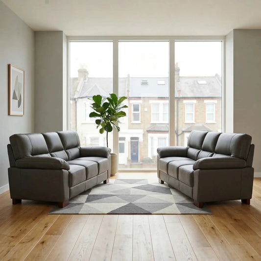 Dalmore Genuine Leather Grey 3+3 Seater Sofa Set - Furniture Instore