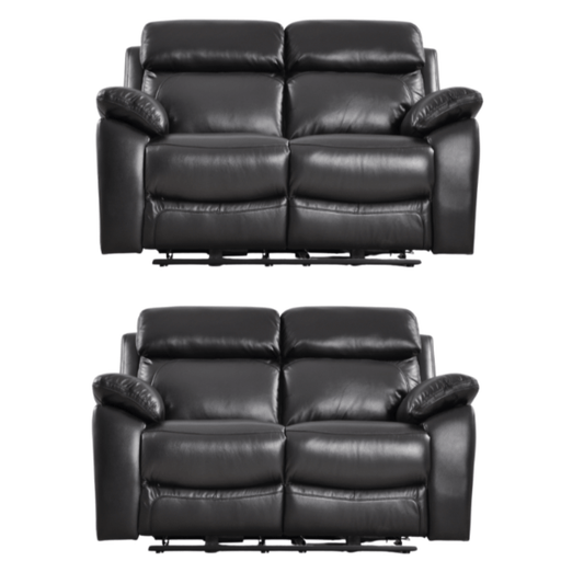 Two black leather recliner sofas on a white background
