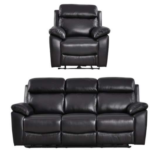 Black leather recliner chair and sofa set on a white background