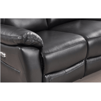 Close-up of a black leather recliner sofa with visible stitching details.