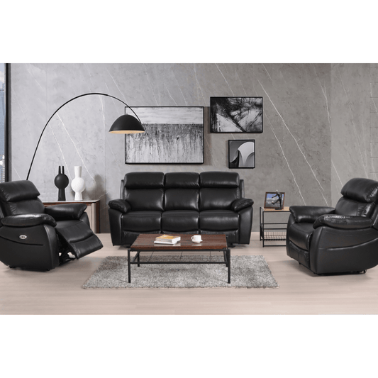 Black leather sofa set in a modern living room with abstract art on the wall.