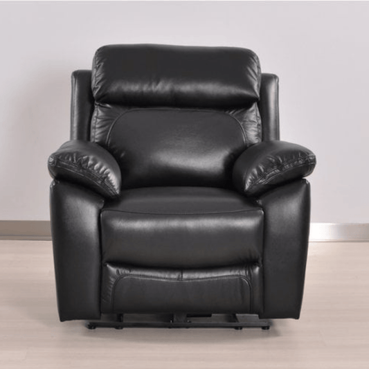 Black leather recliner chair on a light wooden floor with a neutral background