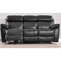 Black leather reclining sofa on a light wooden floor with a white wall background