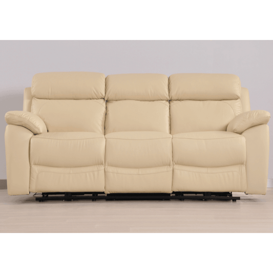 Beige leather sofa with reclining feature on a plain background