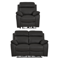 Black leather recliner chair and loveseat set on a white background