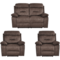 Brown reclining sofa set with two armchairs on a white background