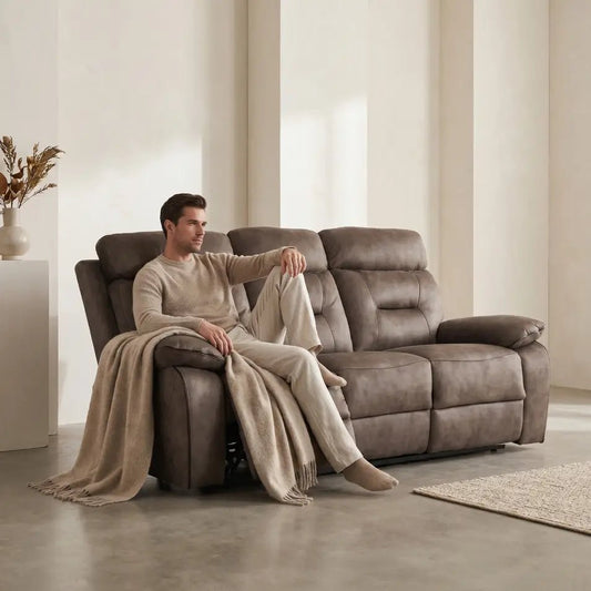 Foster Brown Fabric Electric Recliner 3 Seater Sofa - Furniture Instore