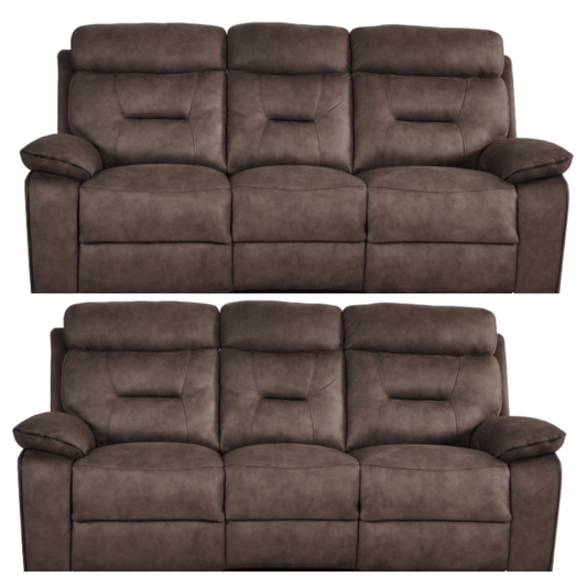 Two brown leather reclining sofas on a white background