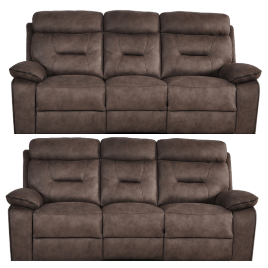 Two brown leather reclining sofas on a white background
