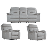 Gray leather sofa set with two recliners on a white background