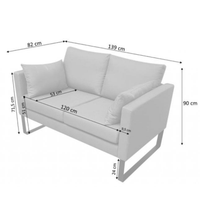 Gray sofa with dimensions marked on a white background
