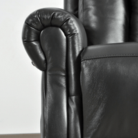 Close-up of a black leather armchair with detailed armrests on a white background