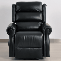 Black leather recliner chair on a light gray background
