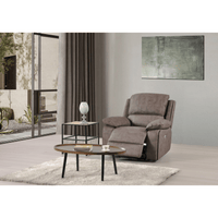 Gray recliner chair in a living room setting with a coffee table and decorative items.
