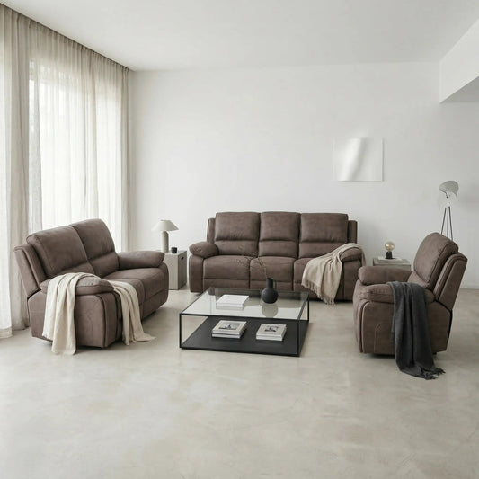 Maple Brown Suede Fabric Electric Recliner 3+2+1 Seater Sofa Set - Furniture Instore