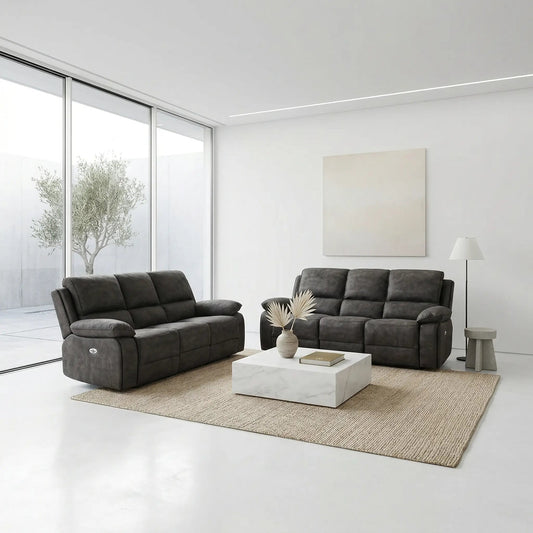 Maple Grey Suede Fabric Electric Recliner 3+3 Seater Sofa Set - Furniture Instore