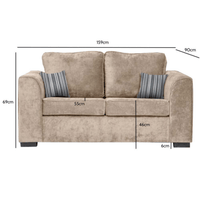 Nancy beige 2-seater sofa with plush cushions and modern design, front-facing on a white background with measurements displayed