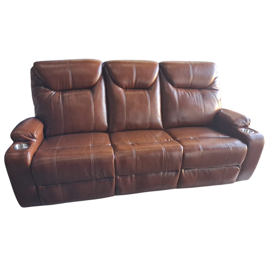 A three-seat brown leather reclining sofa with cup holders in the outer armrests, shown against a plain white background.