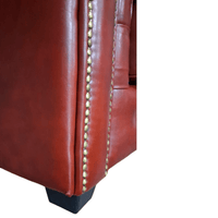 close up of red leather sofa on a white background