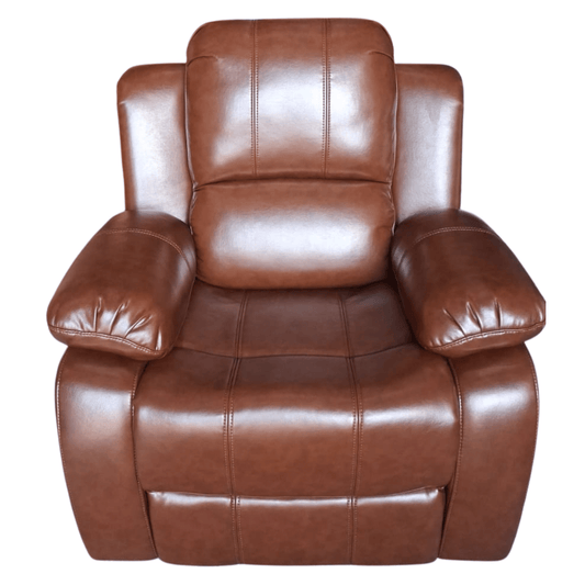 A brown faux leather recliner armchair with padded armrests and a segmented backrest, shown against a plain white background.