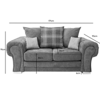 Gray sofa with dimensions labeled on a white background
