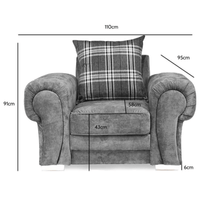 Gray armchair with a plaid pillow, shown with dimensions on a white background