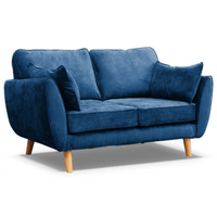 Blue sofa with wooden legs on a white background