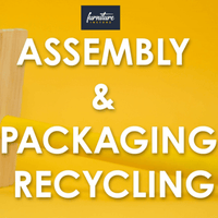 Text 'Assembly & Packaging Recycling' on a yellow background with a furniture piece on the left.