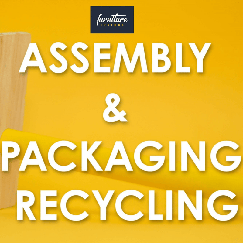 Text 'Assembly & Packaging Recycling' on a yellow background with a furniture piece on the left.
