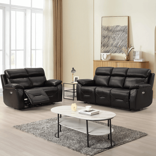 Renato Black 3+2 sofa combo in a modern roomset, black upholstery, stylish and comfortable living room furniture set