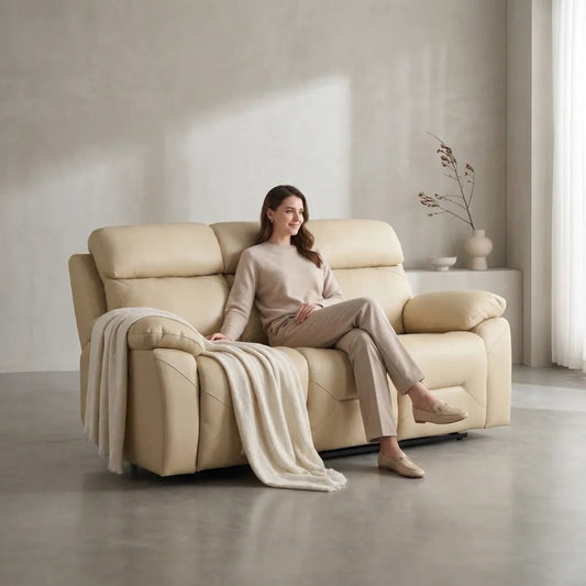 Renato Genuine Leather Cream Electric Power Recliner 3 Seater - view 2 - Furniture Instore
