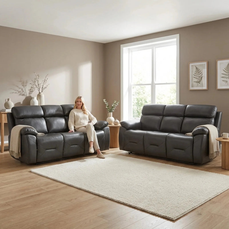 Renato Genuine Leather Grey Electric Power Recliner 3+3 Seater Sofa Set - Furniture Instore