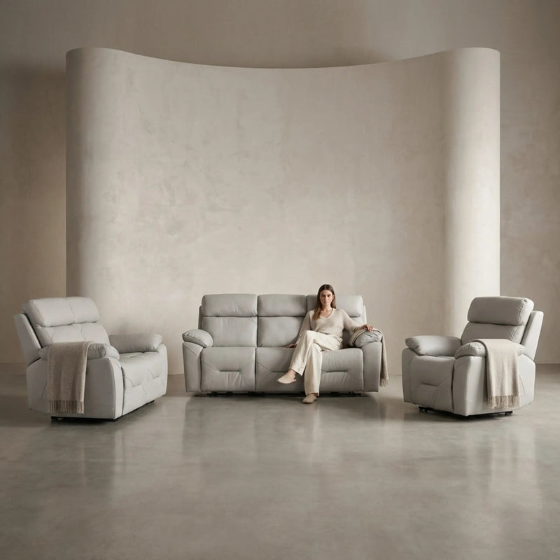 Renato Genuine Leather Light Grey Electric Power Recliner 3+2+1 Seater Sofa Set - Furniture Instore