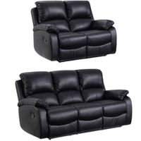 Two black leather recliner sofas on a white background