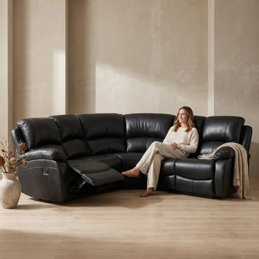 Roma Black Leather Manual Recliner 5 Seat Corner Sofa - Furniture Instore