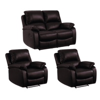 Set of three dark brown recliner chairs on a white background