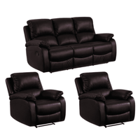 Brown leather sofa set with two recliner chairs on a white background