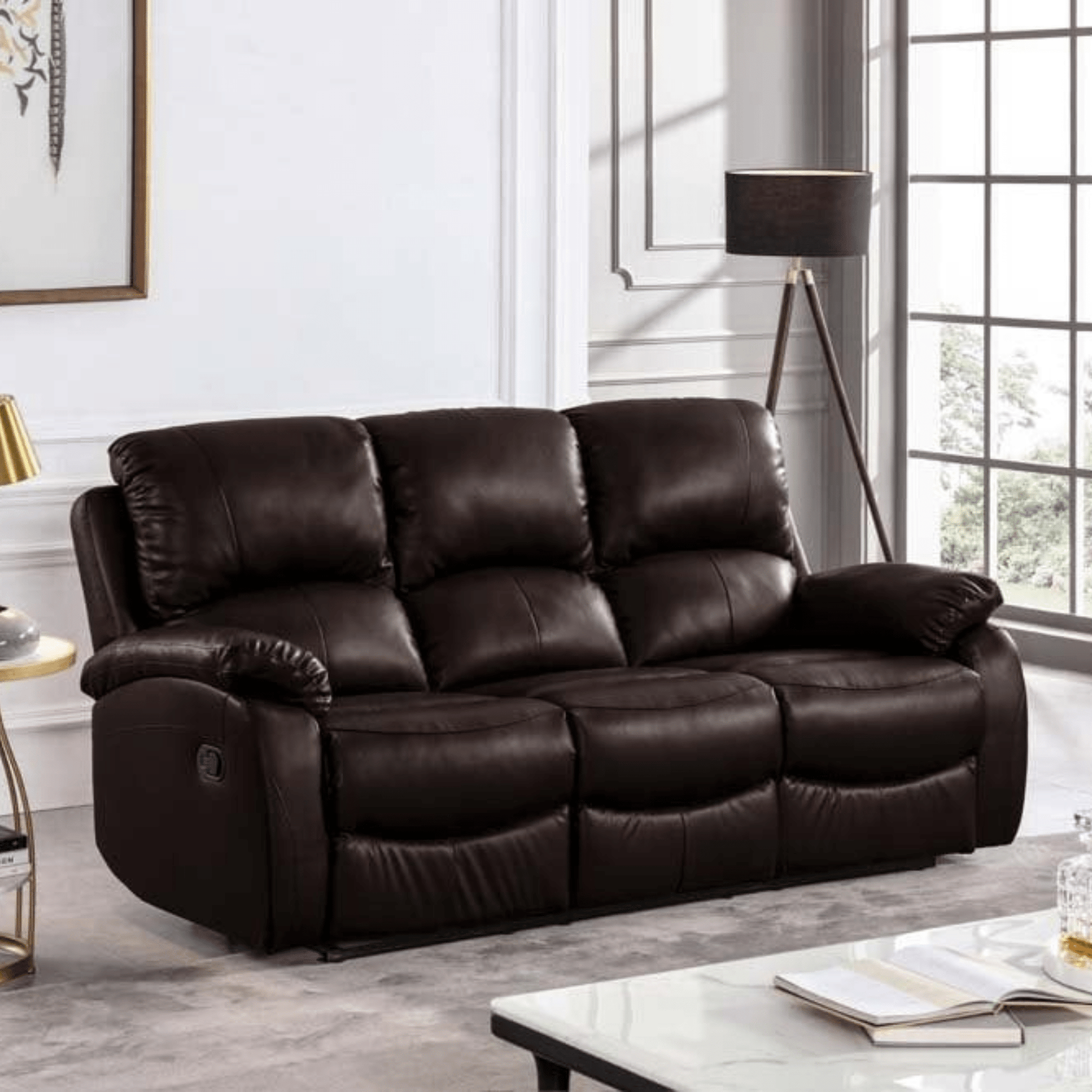 Brown leather sofa in a living room setting with a lamp and window in the background.