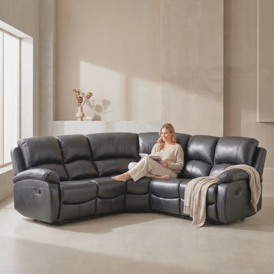 Roma Grey Leather Manual Recliner 5 Seat Corner Sofa - Furniture Instore