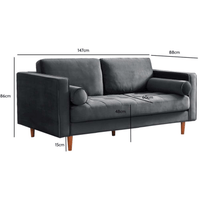 Gray sofa with dimensions marked on a white background