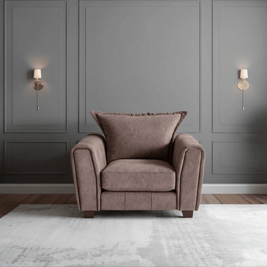 Somerford chocolate armchair with plush cushions and modern design, displayed in a stylish living room setting