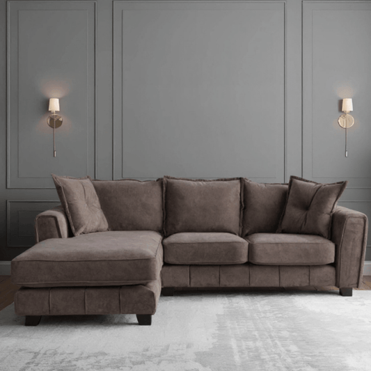Somerford left-hand corner sofa with plush cushions and modern design, displayed in a stylish living room setting