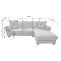 Somerford left-hand corner sofa with plush cushions and modern design, front-facing on a white background with measurements displayed