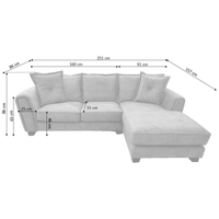 Somerford right-hand corner sofa with plush cushions and modern design, front-facing on a white background with measurements displayed