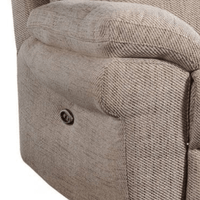 Close-up of a textured beige recliner chair with a button on a white background