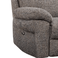 Gray upholstered recliner chair with button details on a white background