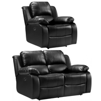 Black leather recliner chair and loveseat set on a white background